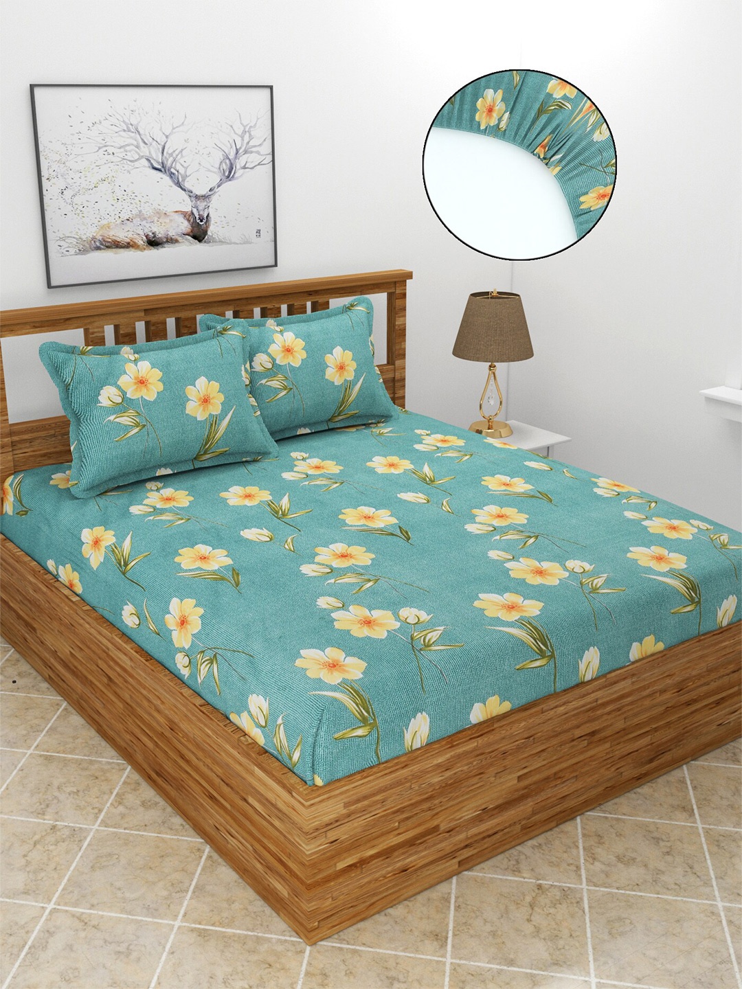 

MORADO Green & Yellow Floral 210 TC Fitted Queen Bedsheet With 2 Pillow Covers