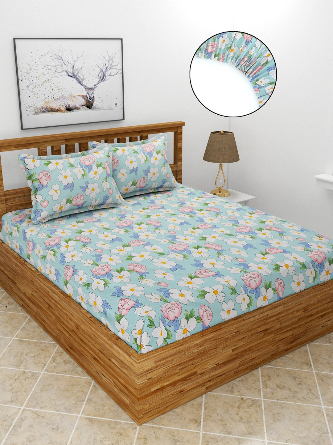 

MORADO Blue & White Floral 210 TC Fitted Queen Bedsheet With 2 Pillow Covers