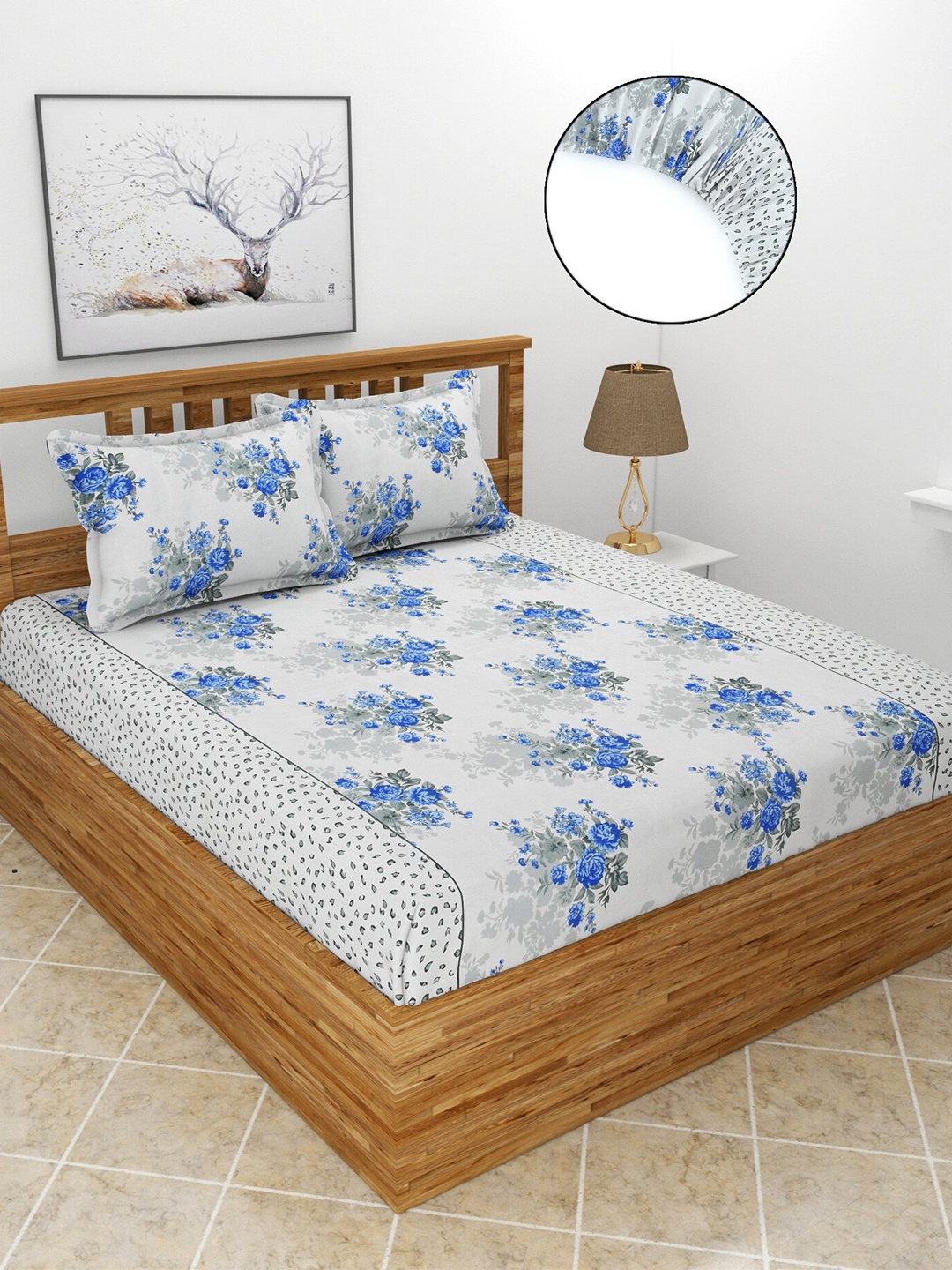 

MORADO Blue & White Floral 210 TC Fitted Queen Bedsheet With 2 Pillow Covers