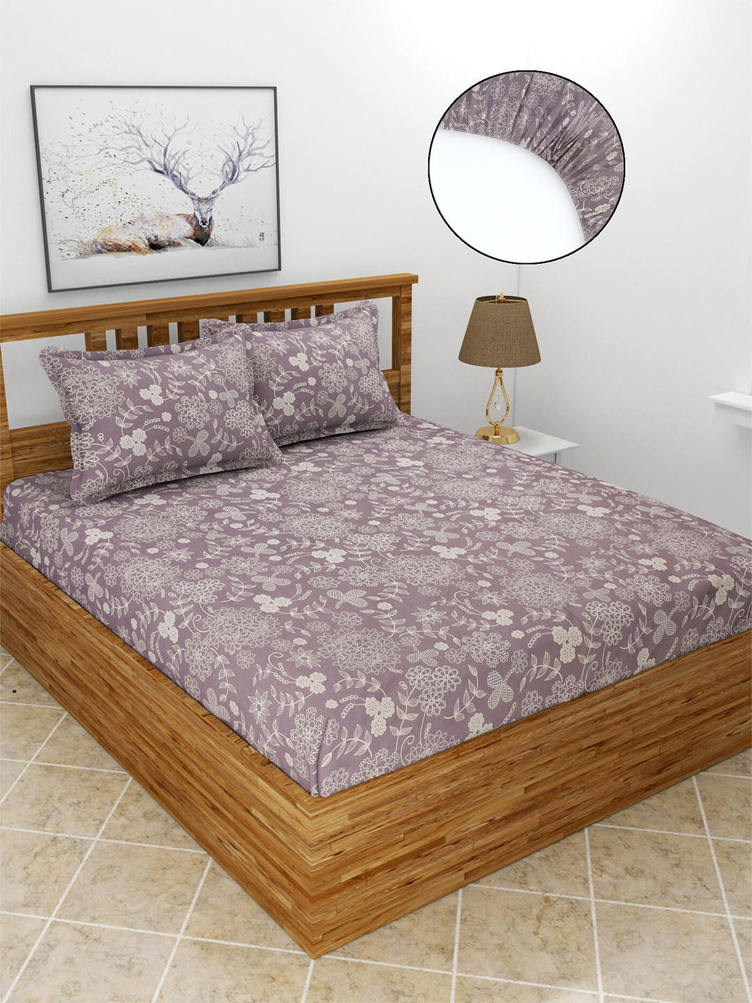 

MORADO Purple & White Floral 210 TC Fitted Queen Bedsheet With 2 Pillow Covers