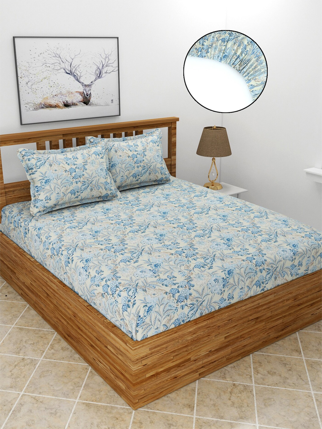 

MORADO Blue & White Floral 210 TC Fitted Queen Bedsheet With 2 Pillow Covers