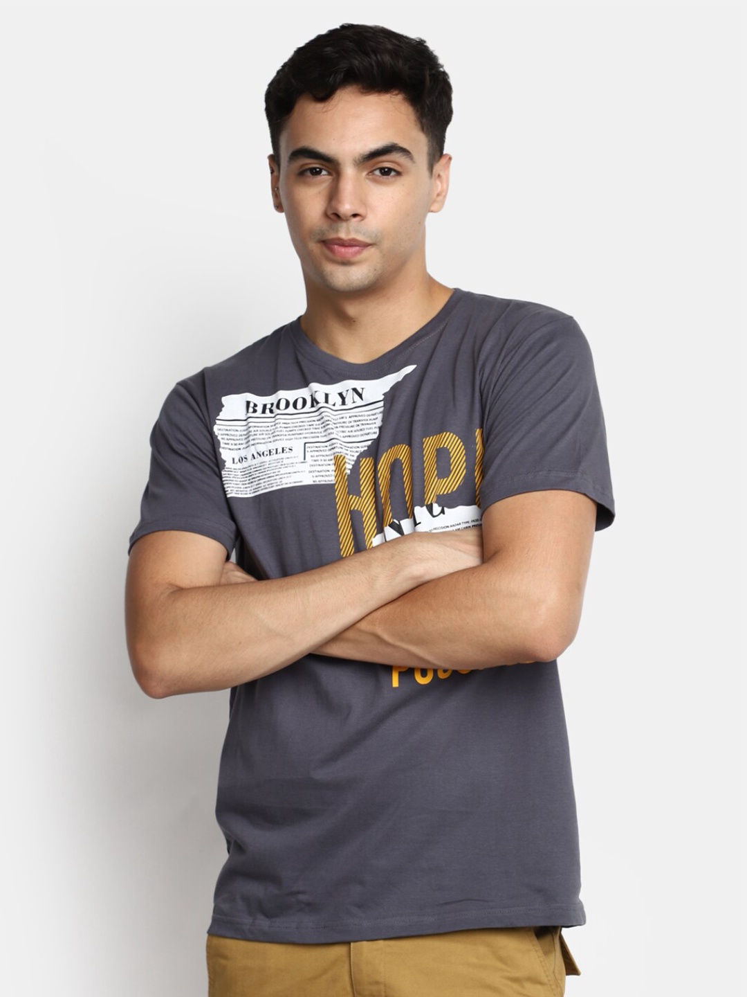 

V-Mart Typography Printed Slim Fit Cotton T-Shirt, Grey