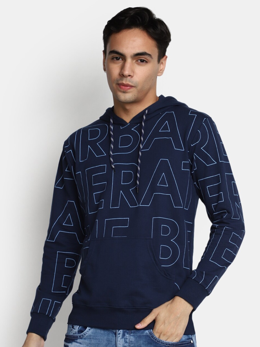 

V-Mart Typography Printed Hooded Cotton T-Shirt, Navy blue