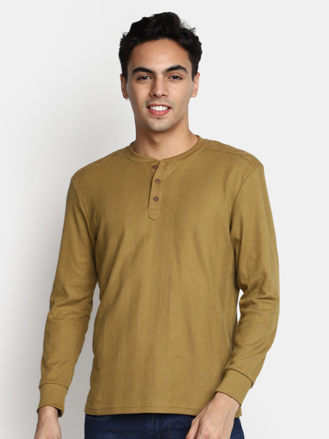 

V-Mart Henley Neck Cotton T-shirt, Khaki