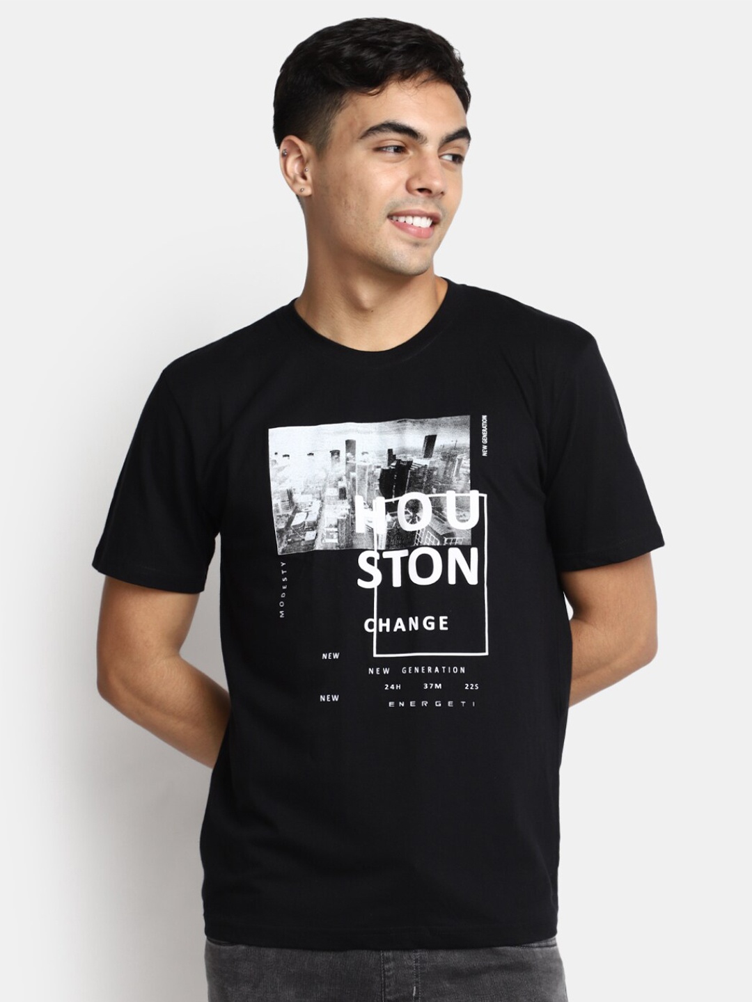 

V-Mart Typography Printed Slim Fit Cotton Single Jersey T-shirt, Black