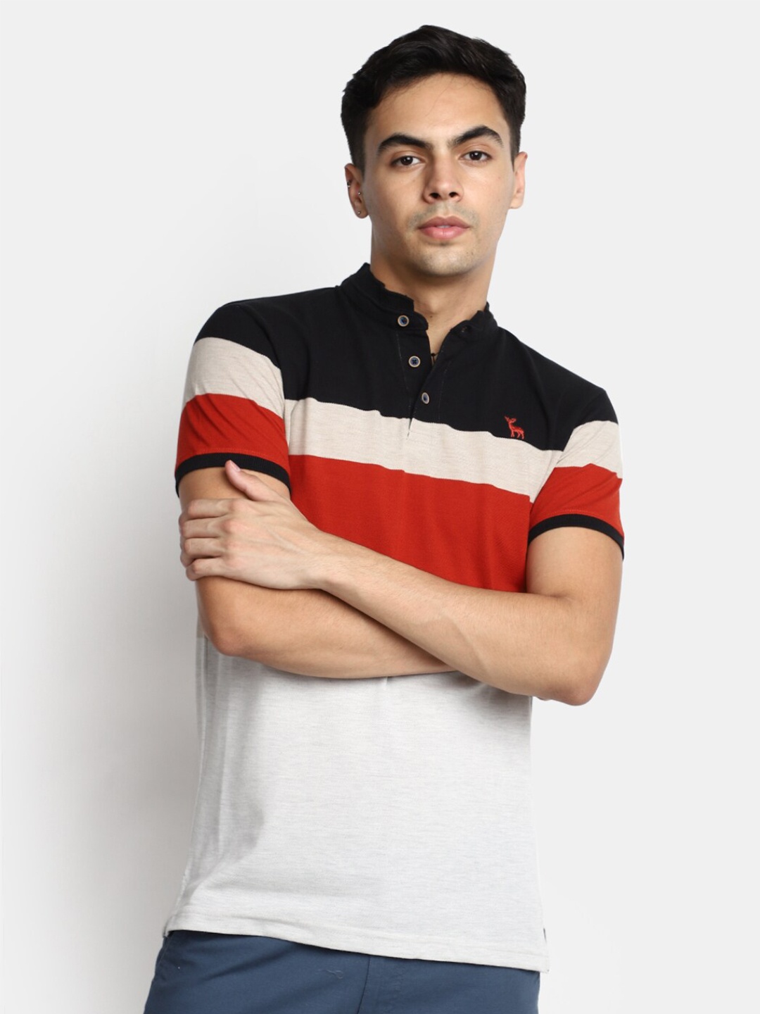 V-Mart Colourblocked Cotton Henley Neck T-shirt, Off white