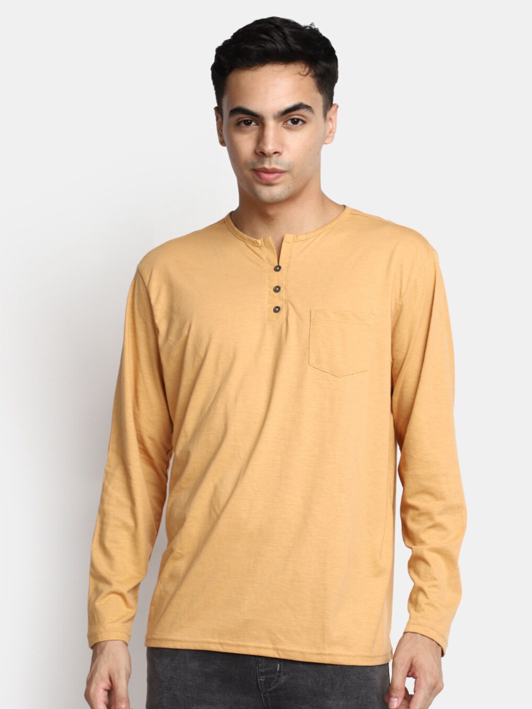

V-Mart Cotton Henley Neck Pockets T-shirt, Beige