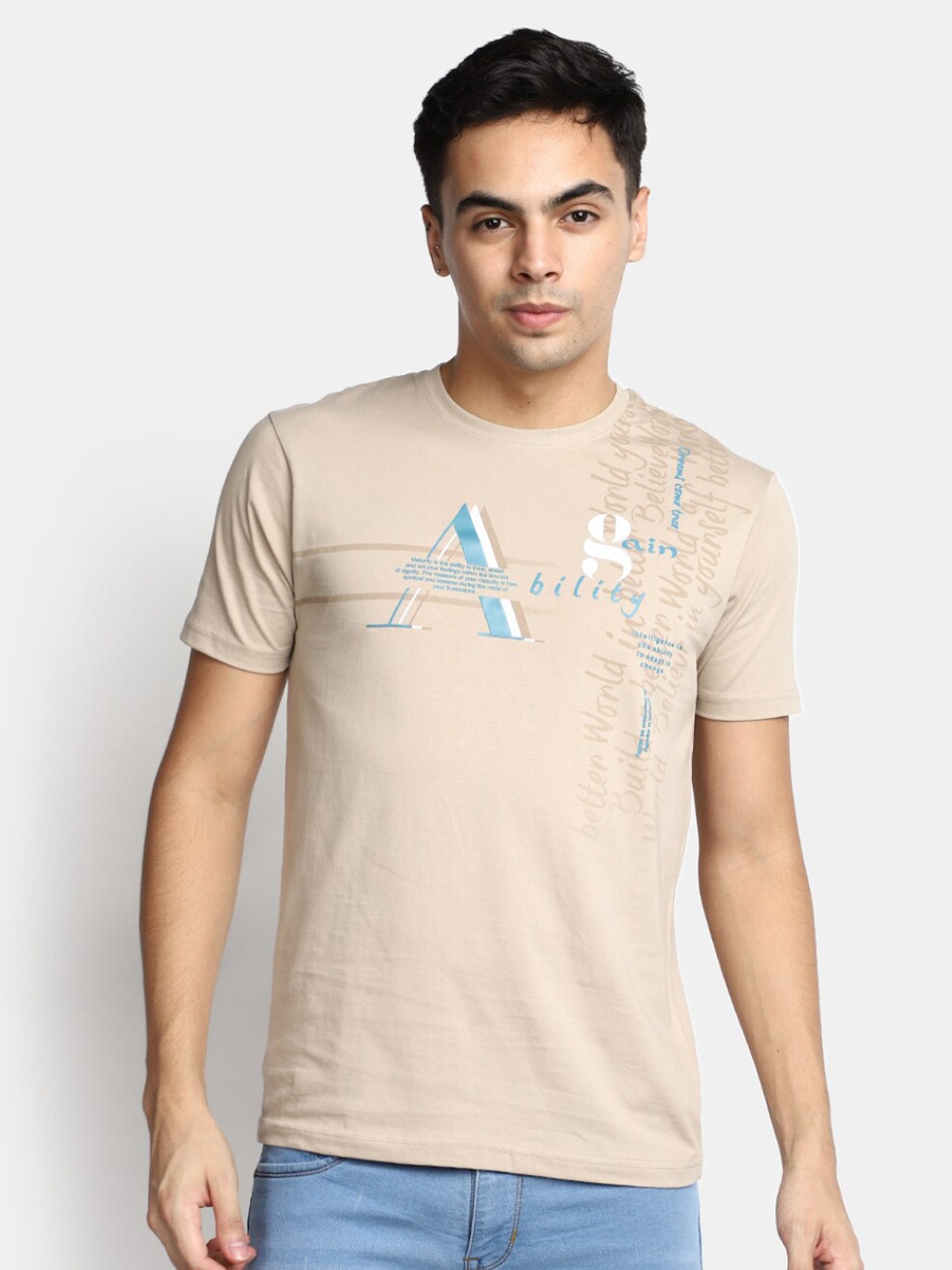 

V-Mart Typography Printed Cotton Slim Fit T-shirt, Beige