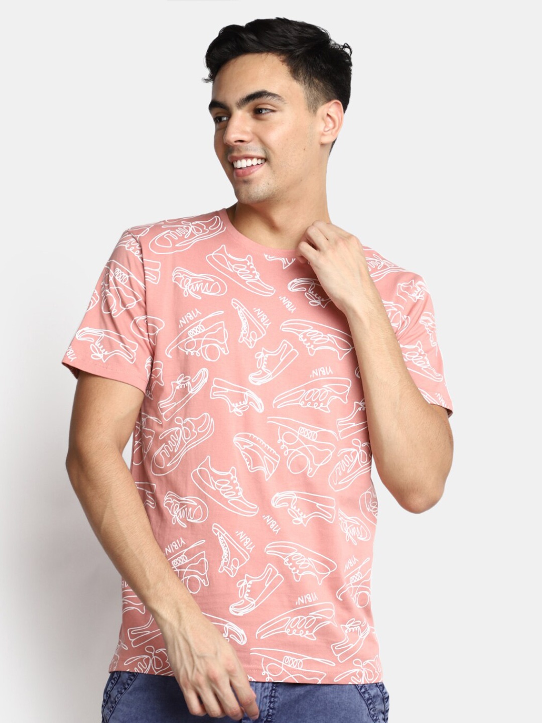 V-Mart Conversational Printed Slim Fit Cotton T-shirt, Pink