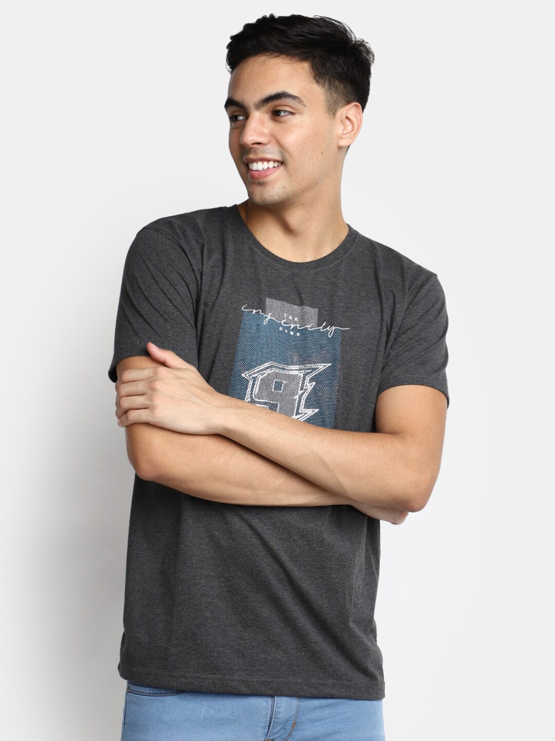 

V-Mart Typography Printed Cotton T-shirt, Grey