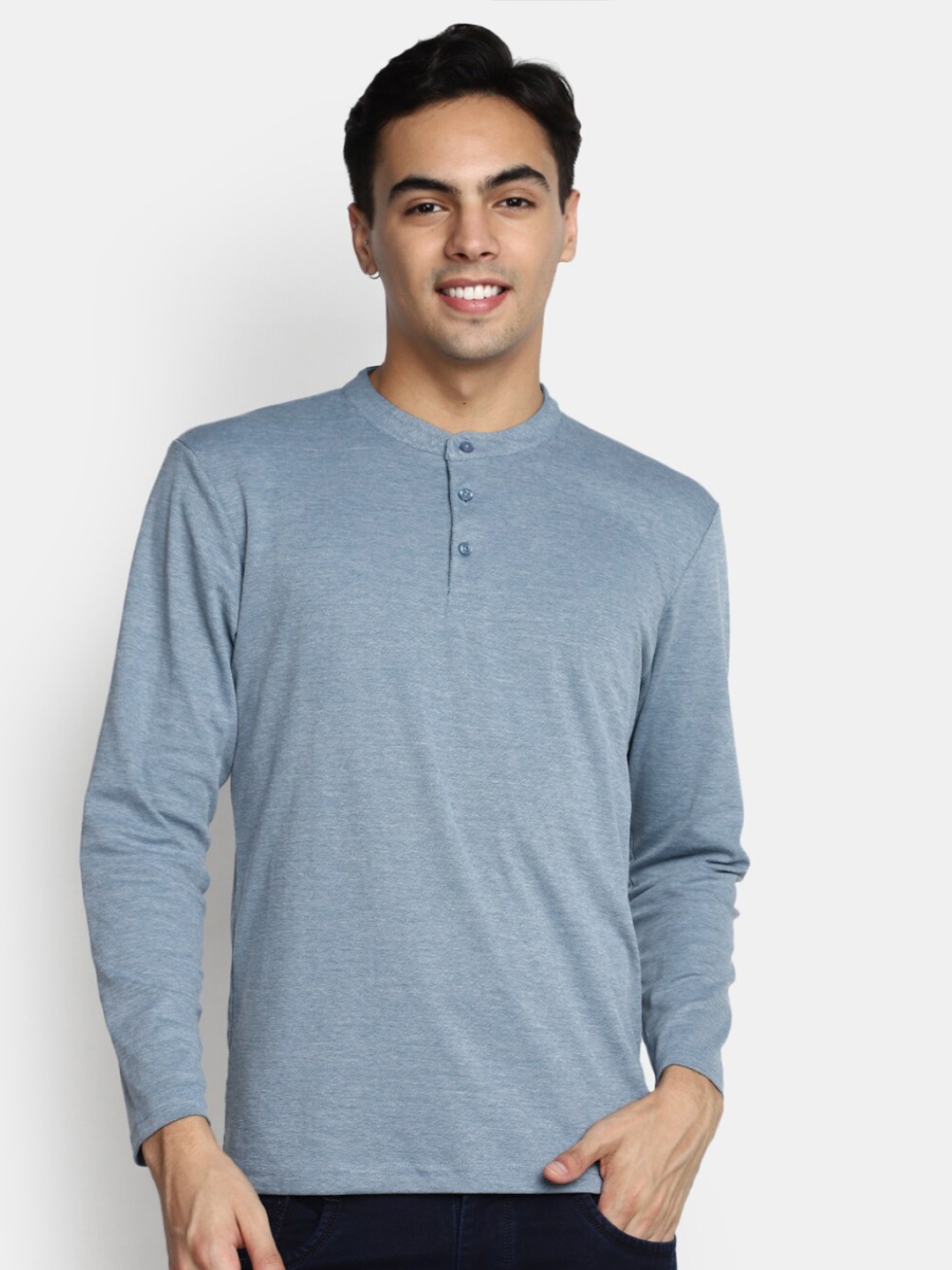 

V-Mart Henley Neck Cotton T-shirt, Blue