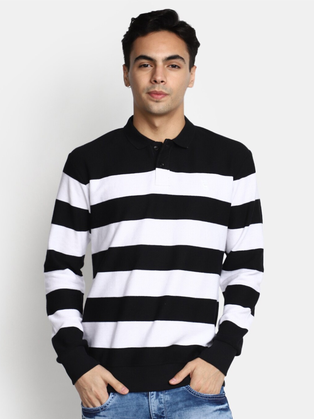 

V-Mart Striped Polo Collar Cotton T-shirt, Black