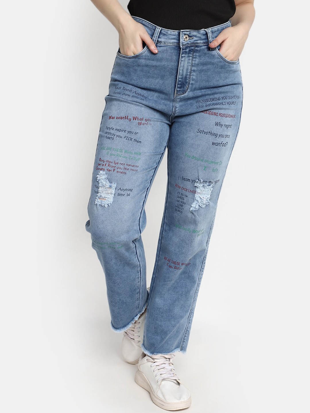 

V-Mart Women High Rise Mildly Distressed Heavy Fade Printed Jeans, Blue