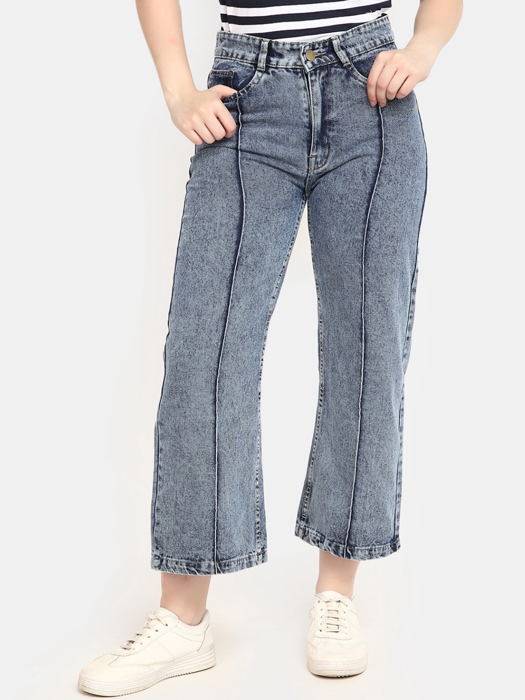 

V-Mart Women High Rise Clean Look Heavy Fade Cotton Cropped Jeans, Blue