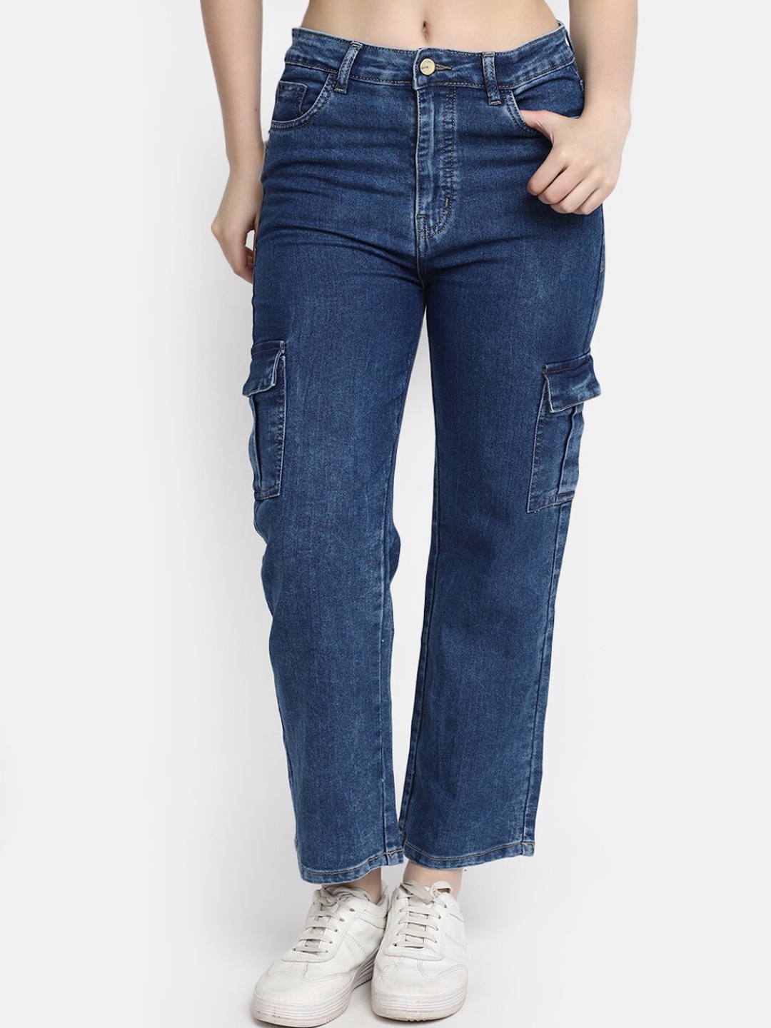 V-Mart Women Clean Look Cropped Cotton Cargo Jeans, Blue