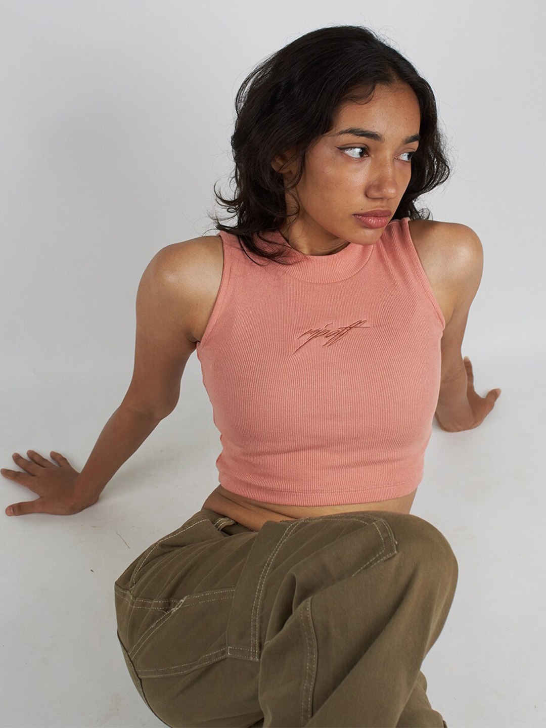 

RIPOFF Ribbed Crop Tank Top, Peach