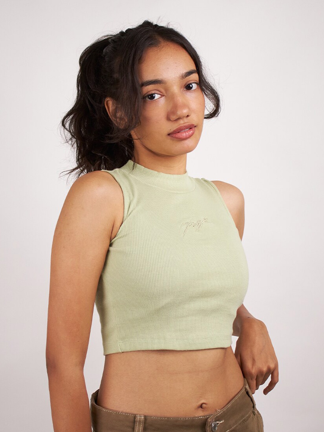 

RIPOFF Sleeveless Cotton Fitted Crop Top, Sea green