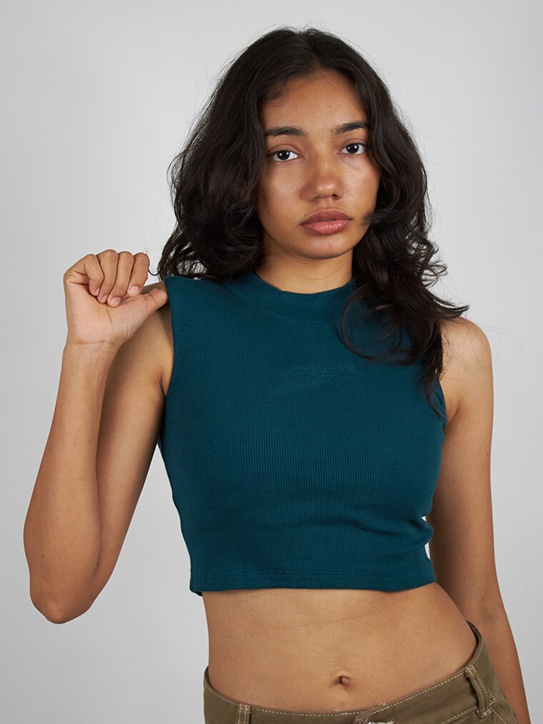 

RIPOFF Sleeveless Cotton Fitted Crop Top, Blue