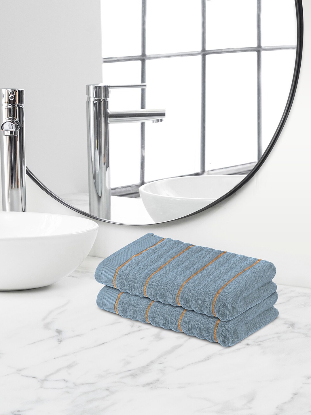 

Himeya Navy-Blue & Yellow 2 Pieces Striped 550 GSM Cotton Hand Towels