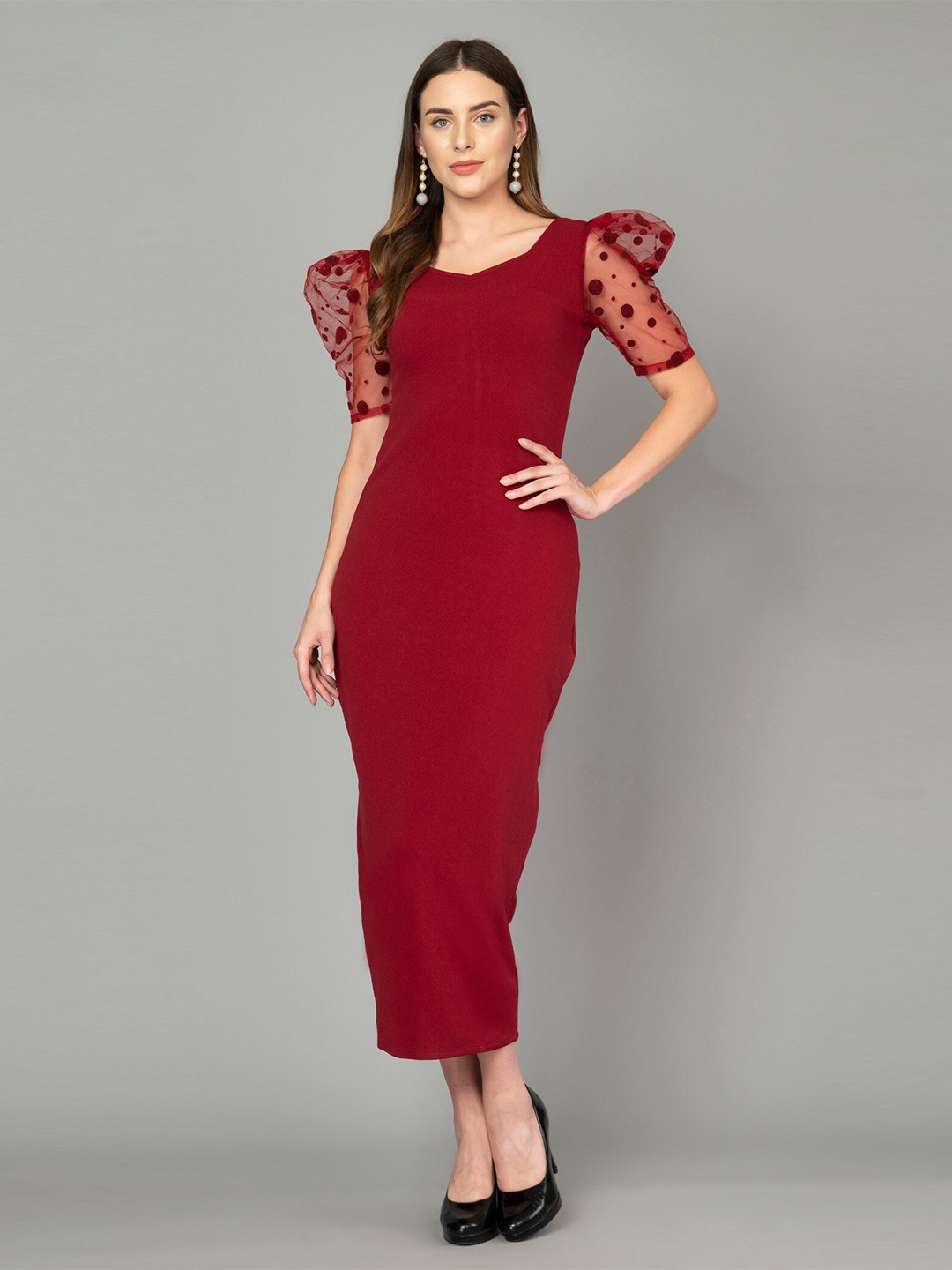 

Moshe Puff Sleeve Bodycon Midi Dress, Maroon