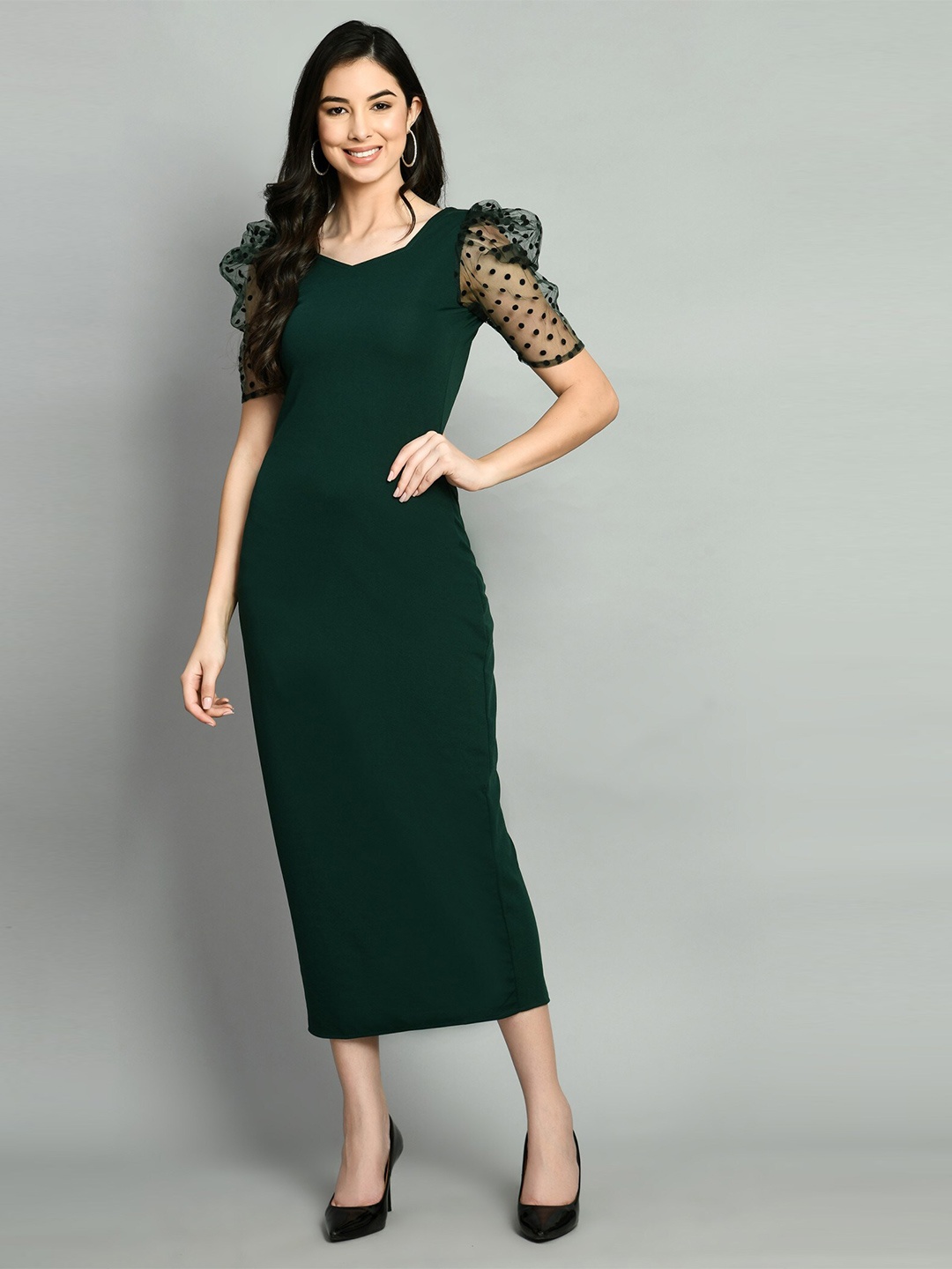 

Moshe Puff Sleeve Bodycon Midi Dress, Green