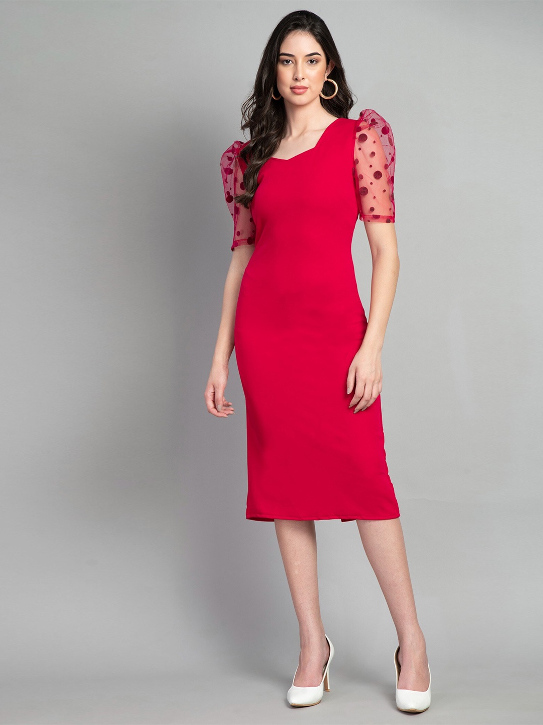 

Moshe Puff Sleeve Sheath Midi Dress, Pink