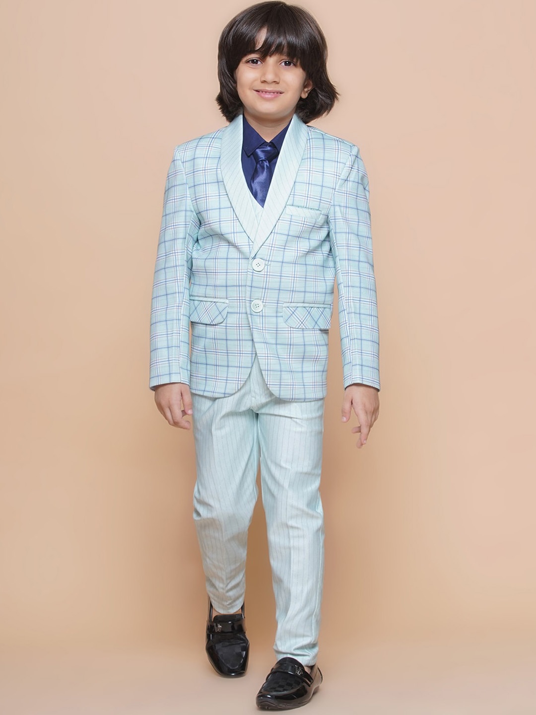 

Aj DEZInES Boys Checked Mandarian Collar Cotton 5 Piece Suit, Blue