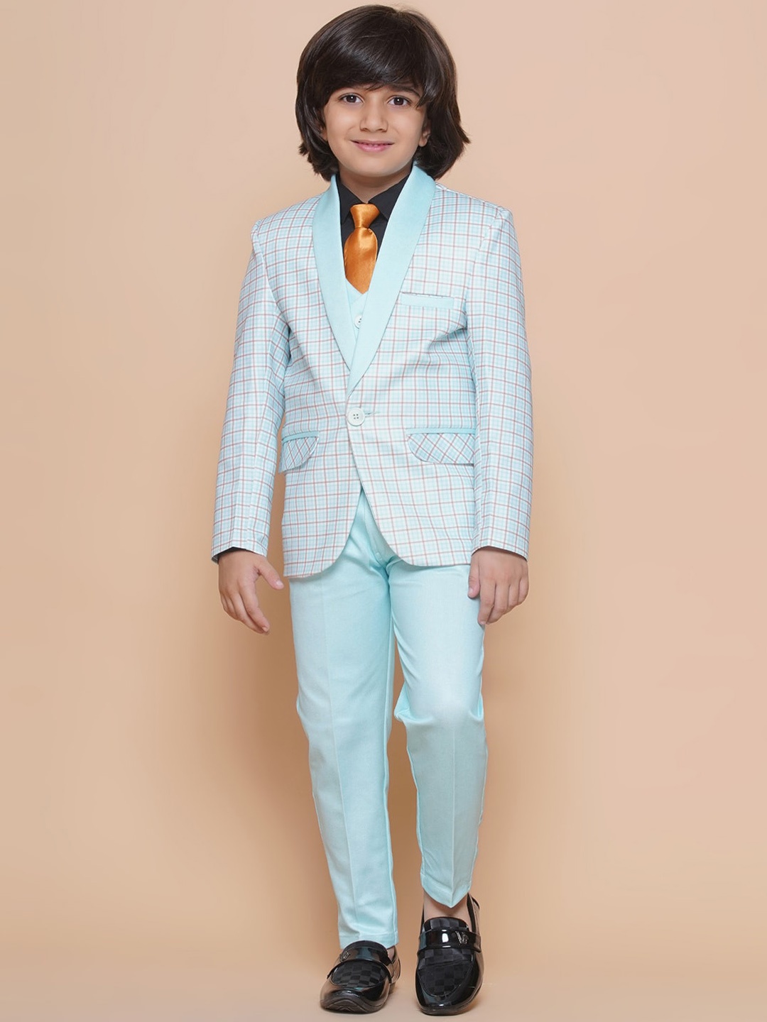 

Aj DEZInES Boys Checked Single-Breasted 5 Piece Suit, Blue