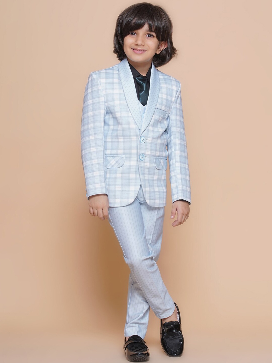 

Aj DEZInES Boys Checked Single-Breasted 5-Piece Suit Sets, Blue