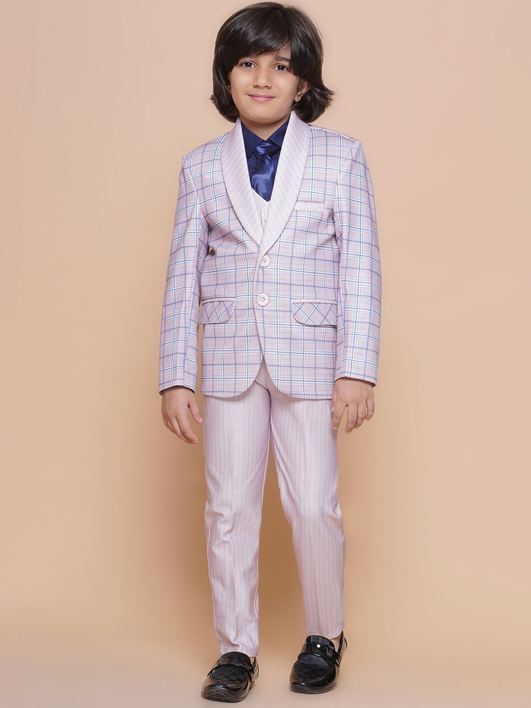 Aj DEZInES Boys Checked Single-Breasted Three-Piece Suit, Pink