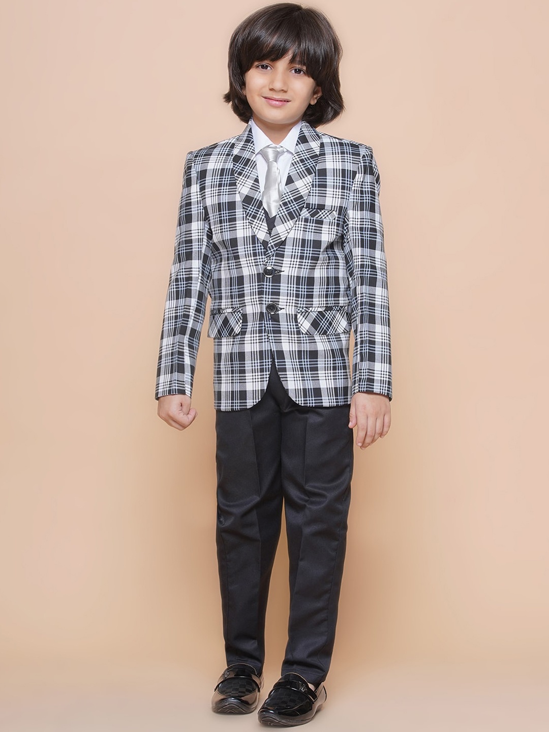 

Aj DEZInES Boys Checked Single-Breasted Three-Piece Suit, White