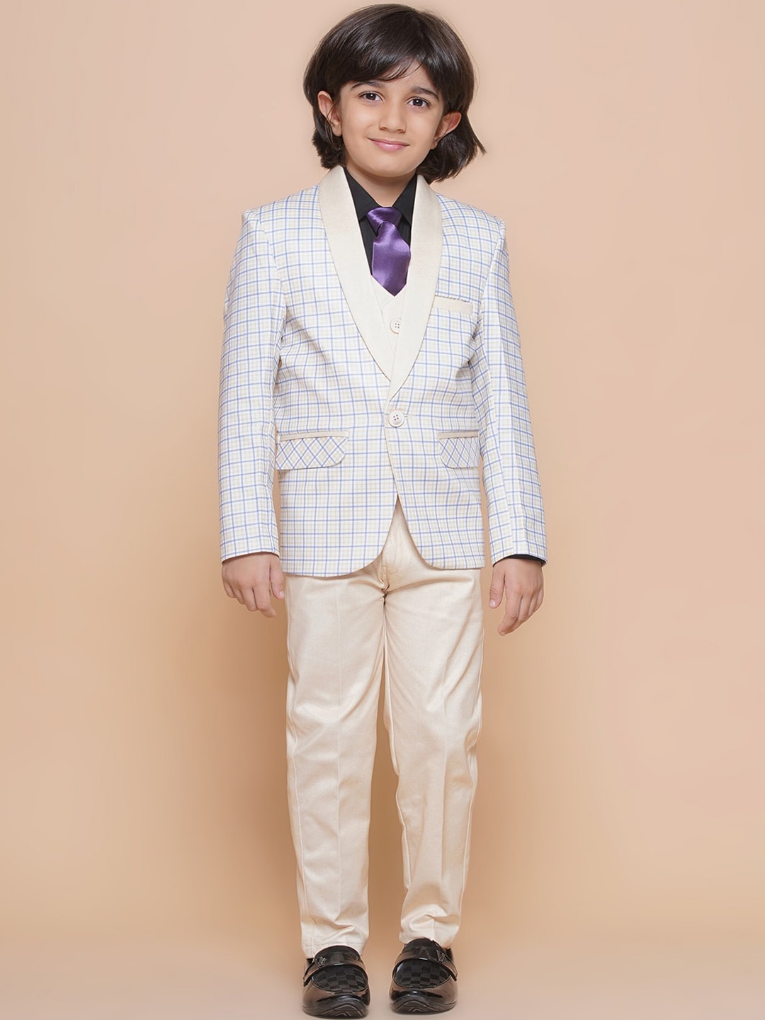 Aj DEZInES Boys Checked Single-Breasted 5-Piece Party Suit, White
