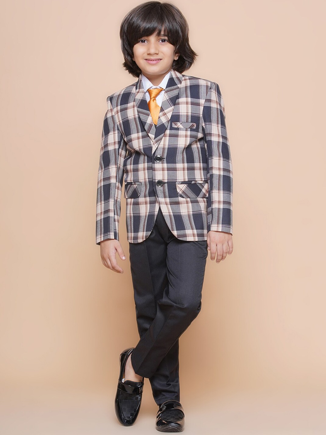 Aj DEZInES Boys Checked Single-Breasted Five-Piece Suit, Beige