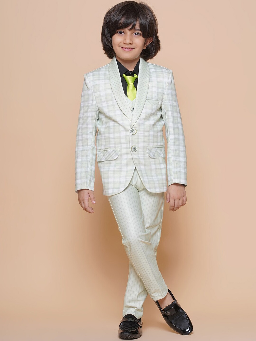 

Aj DEZInES Boys Checked 5-Piece Single-Breasted Suit, Green