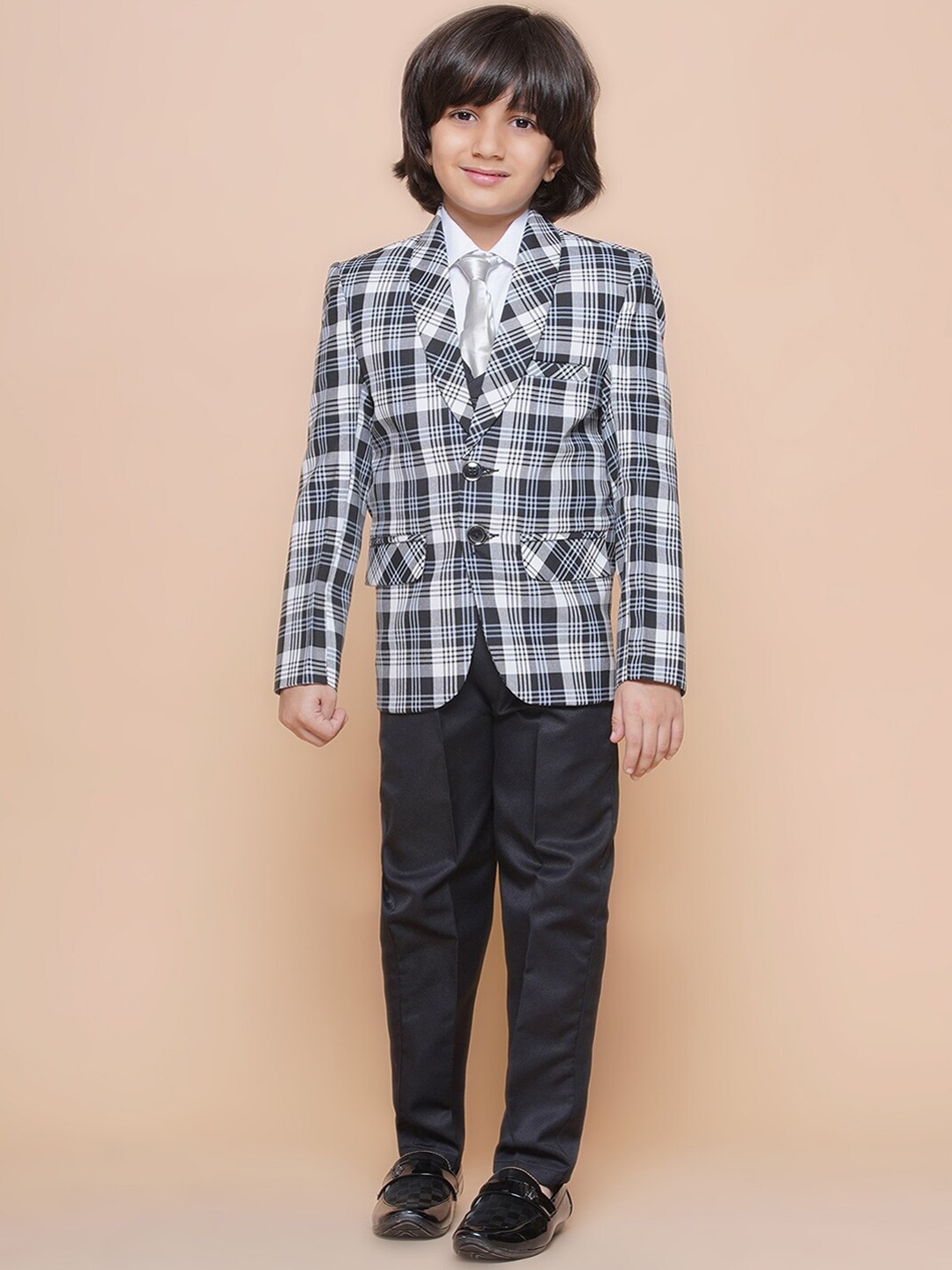 Aj DEZInES Boys Checked Single-Breasted 5-Piece Suit, Black