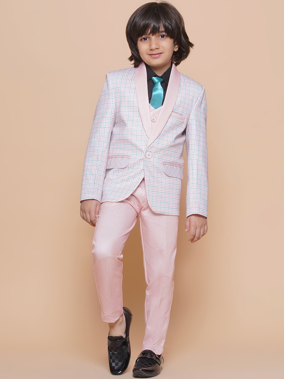 Aj DEZInES Boys Checked Single-Breasted Three-Piece Formal Suit, Peach