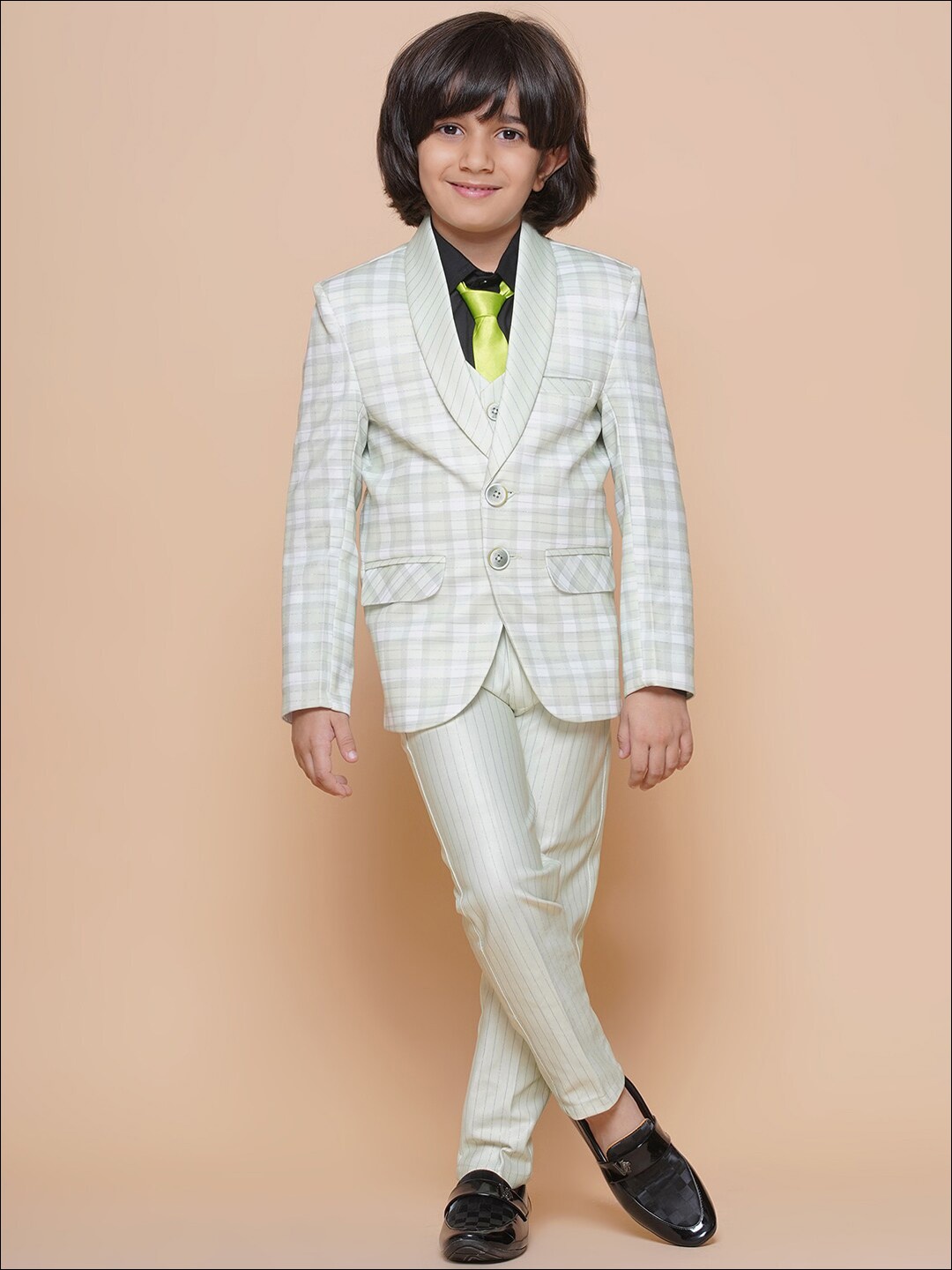 

Aj DEZInES Boys Checked Single-Breasted 5 Piece Suit, Green