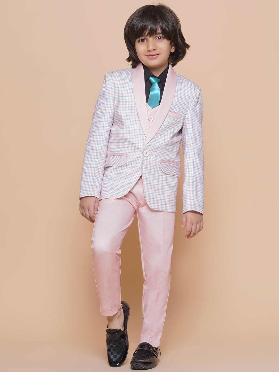 

Aj DEZInES Boys Checked Single-Breasted 5 Piece Suit, Pink