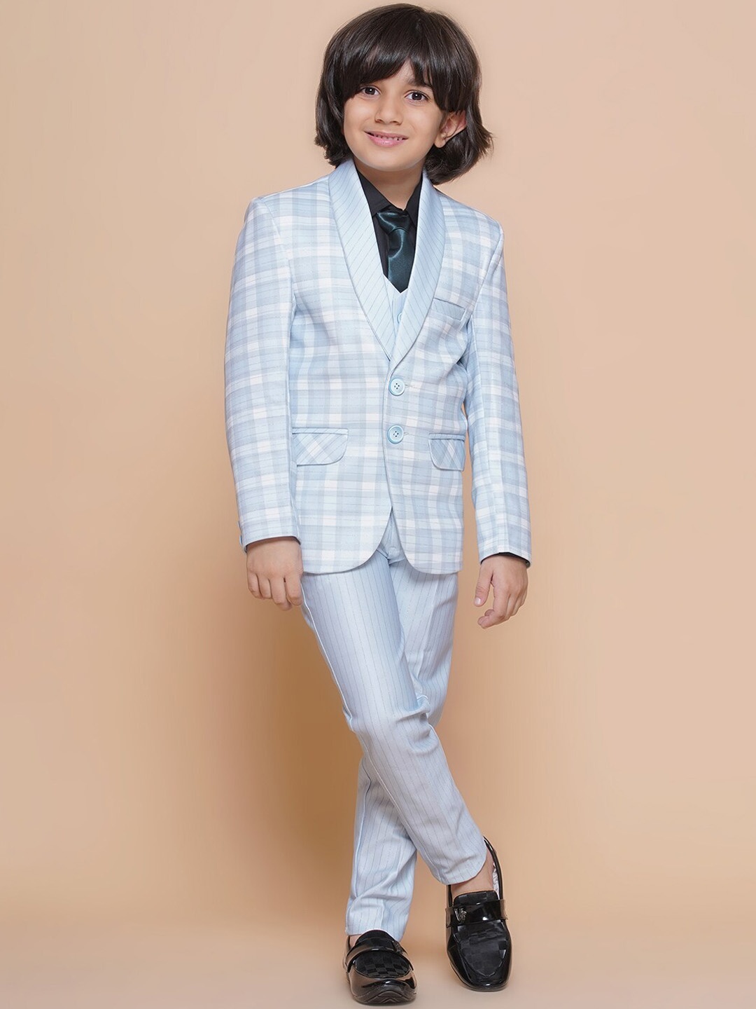 

Aj DEZInES Boys Checked Single-Breasted Three-Piece Suit, Blue