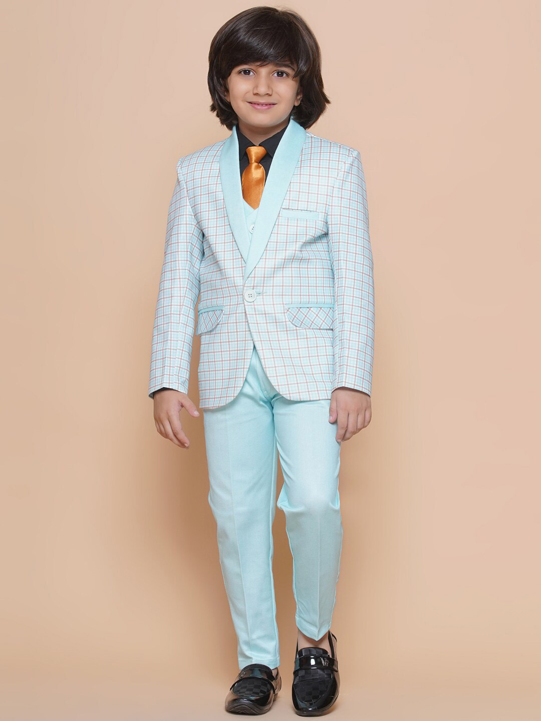 

Aj DEZInES Boys Checked 5-Pieces Single-Breasted Suit, Blue