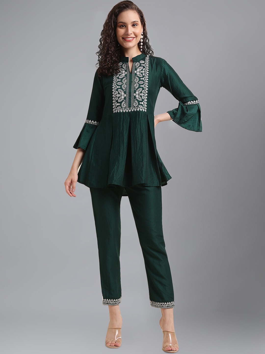 

KALINI Embroidered Mandarin Collar Top with Mid-Rise Trouser, Green