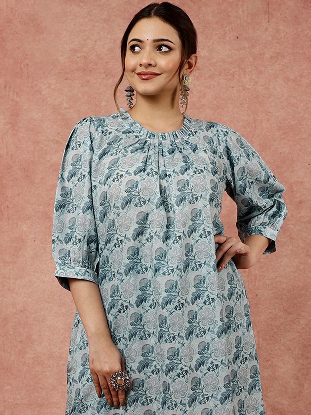 

Jaipur Kurti Floral Loose Fit Kurta with Pants, Sea green
