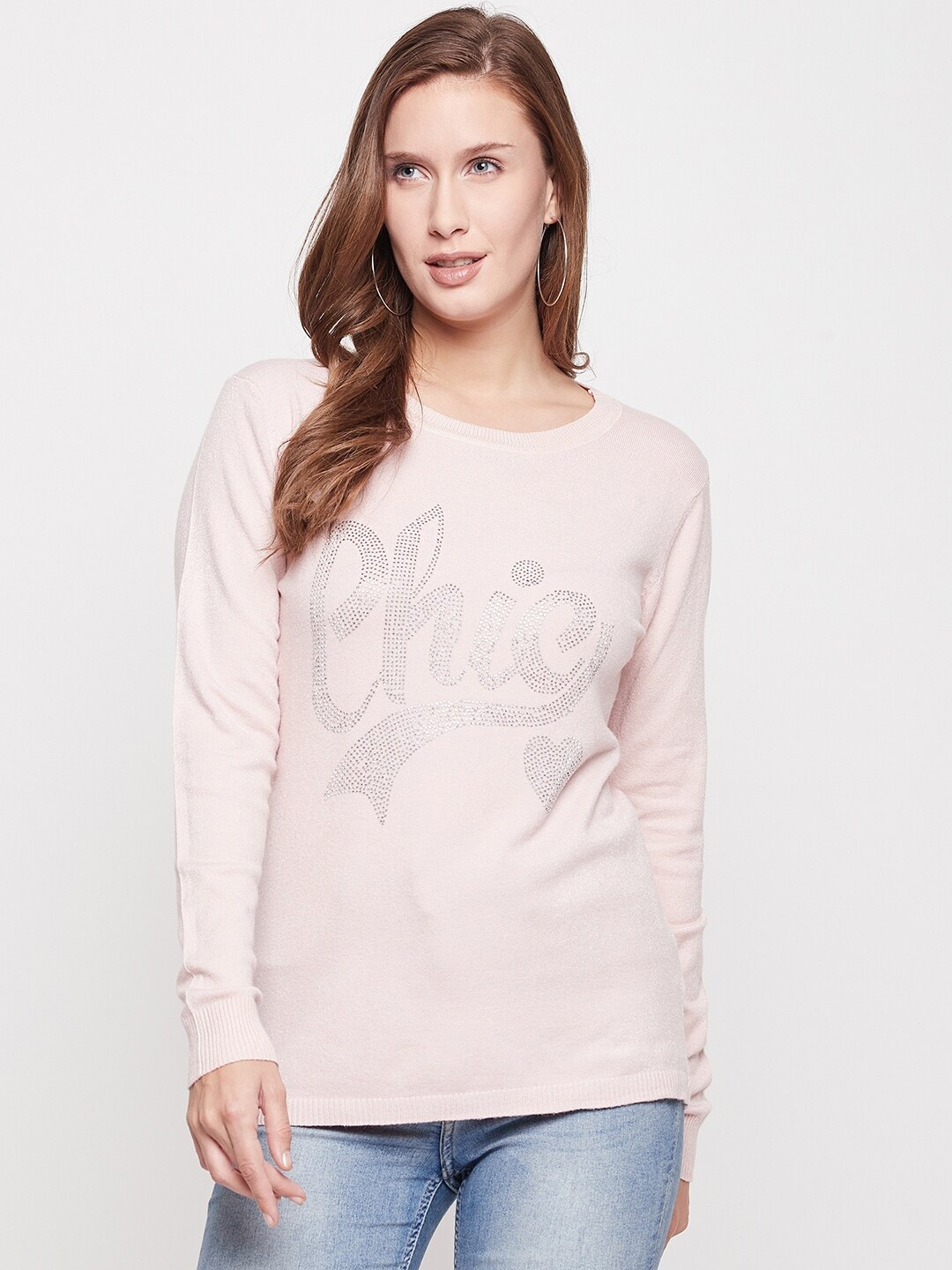 

Camey Typography Embellished Sequinned Pullover Wool Sweatshirt, Pink