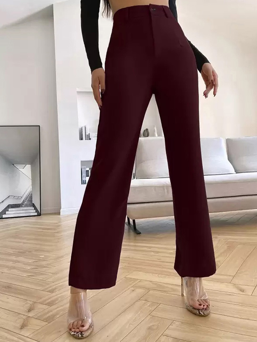 

N N ENTERPRISE Women Original High-Rise Parallel Trousers, Maroon