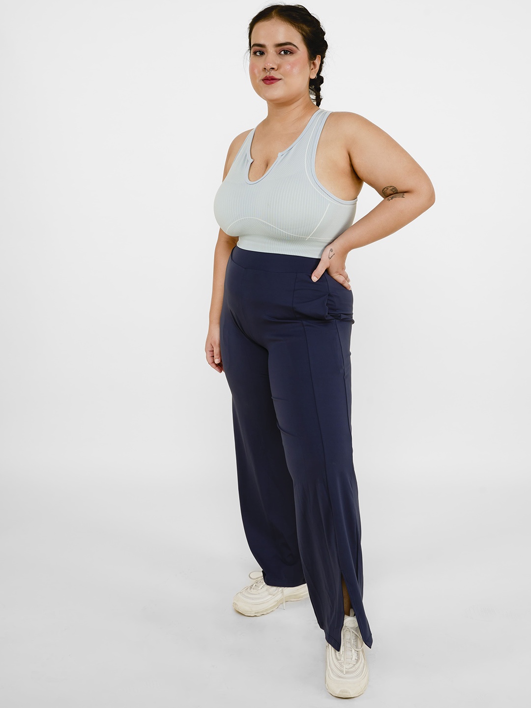

SKNZ Women High-Waisted Side Slit Flare Track Pant, Navy blue