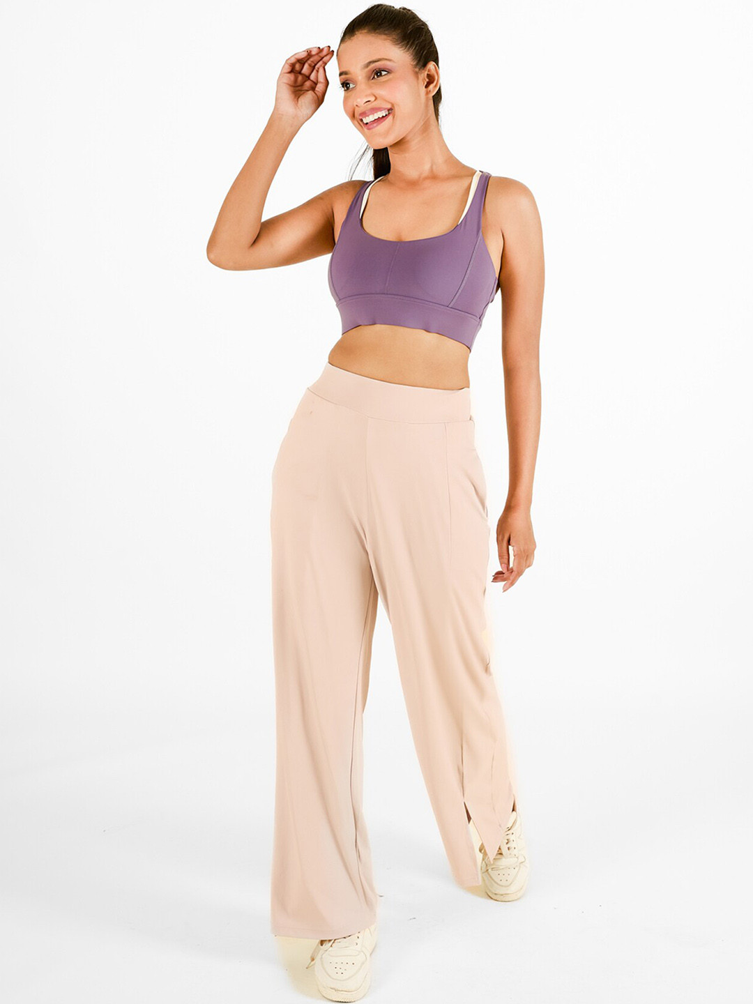 

SKNZ Women High Waisted Side Slit Track Pants, Beige