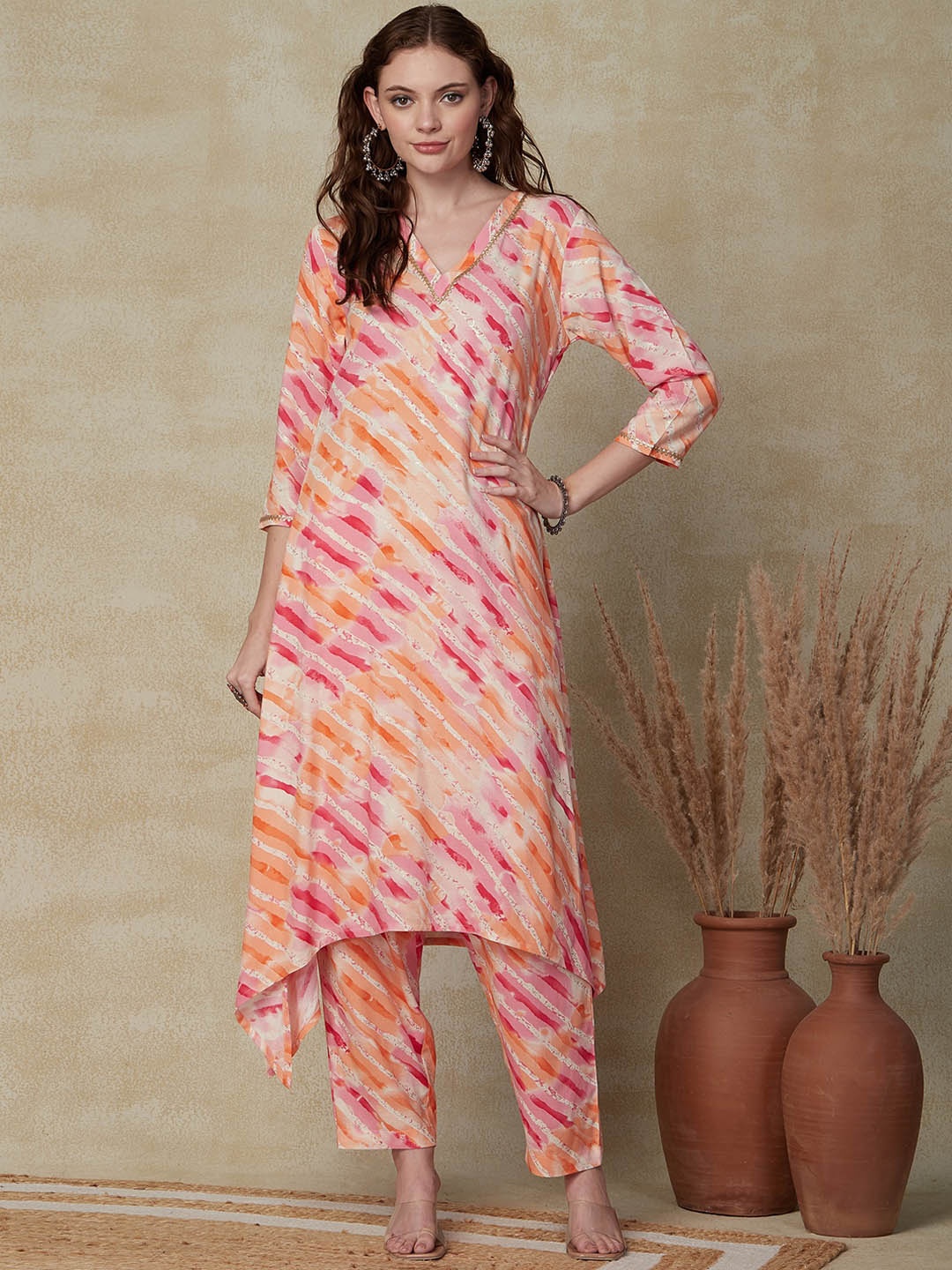 

FASHOR Striped Printed Kurta with Trousers, Peach