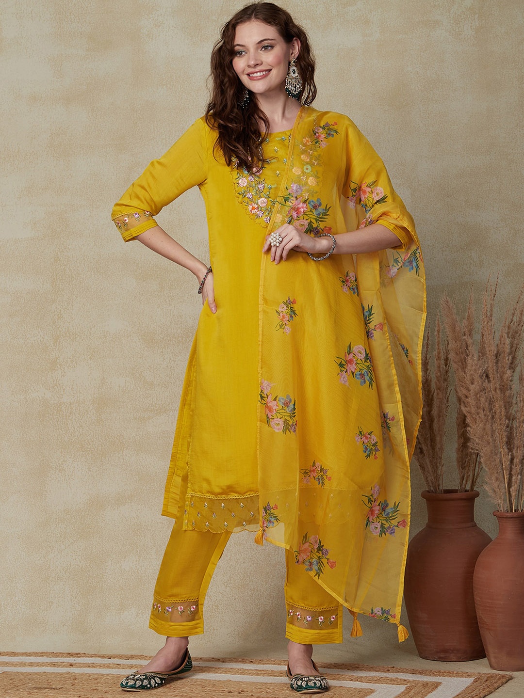

FASHOR Floral Yoke Design Regular Beads And Stones Organza Kurta With Trousers & Dupatta, Yellow