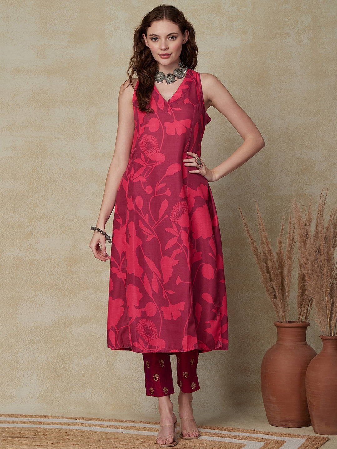 

FASHOR V-Neck Printed Kurta, Pink