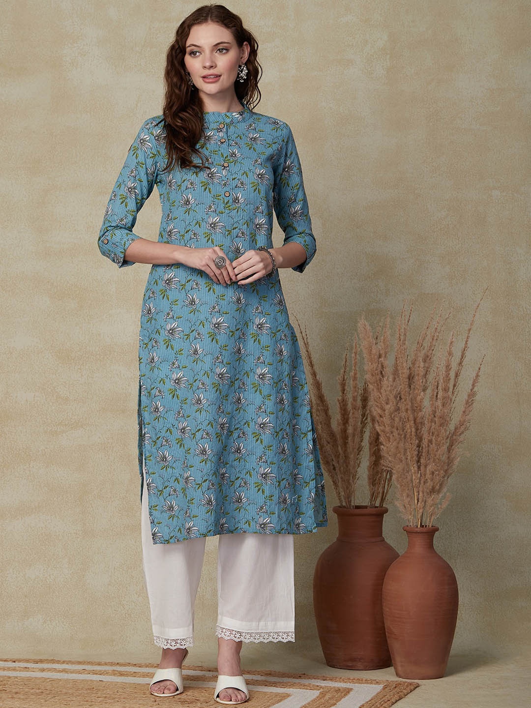 

FASHOR Floral Printed Mandarin Collar Pure Cotton Straight Kurta, Blue